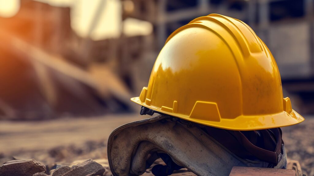 Um capacete amarelo em um ambiente de construção